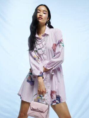 Pink Floral Stripe Shirt Dress