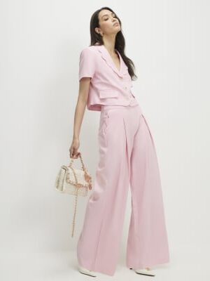 Pink Linen Blend Scalloped Wide Leg Trousers