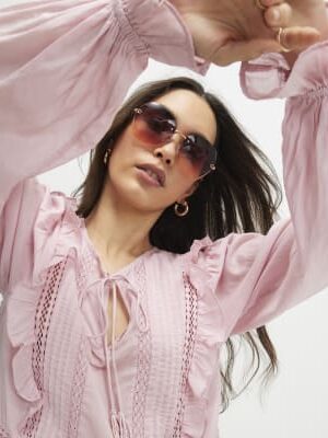 Pink Long Sleeve Lace Insert Blouse