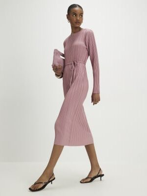 Pink Plisse Belted Midi Dress