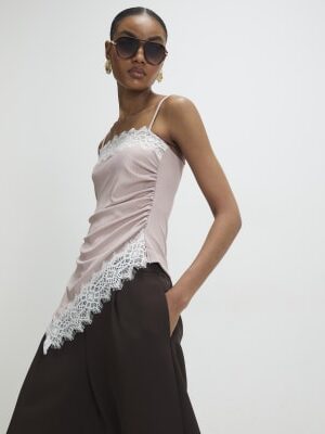 Pink Sleeveless Lace Trim Cami Top