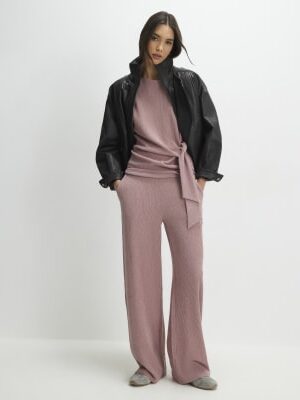 Pink Textured Wide Leg Trousers