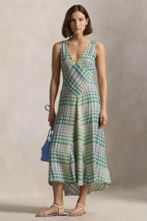 Polo Ralph Lauren Plaid Check Panelled Sleeveless Dress, Blue Mauve Plaid