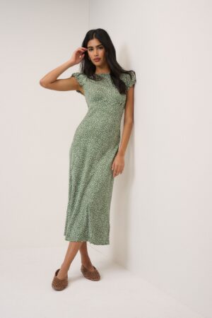Printed Round Neck Midi Tea Dress