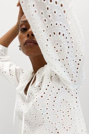 Pure Cotton Broderie Tie Front Blouse