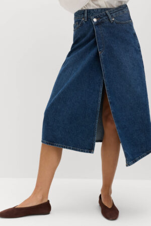 Pure Cotton Denim Asymmetric Midi Wrap Skirt