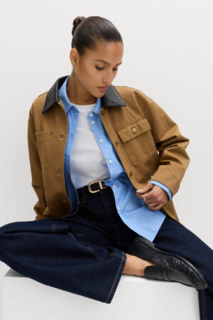Pure Cotton Faux Leather Collared Barn Jacket