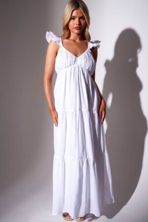 Pure Cotton Frill Sleeve Maxi Tiered Beach Dress