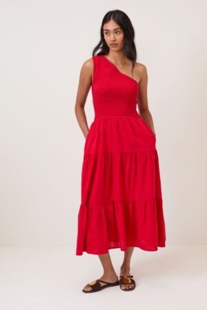 Pure Cotton One Shoulder Midi Tiered Dress