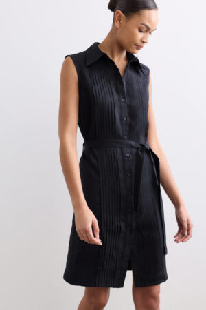 Pure Linen Pleated Knee Length Shirt Dress