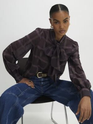 Purple Check Print Pussybow Blouse