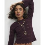 Purple Crochet Knit Boat Neck Jumper