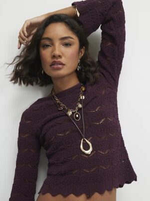Purple Crochet Knit Boat Neck Jumper