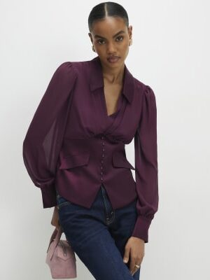 Purple Long Sleeve Corset Detail Blouse