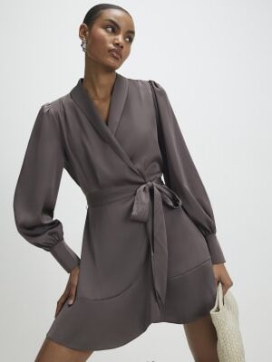 Purple Satin Wrap Front Mini Dress