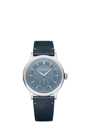 Raymond Weil Men's Millesime 39.5 Seconds Dial Automatic Leather Strap Watch, Silver/Blue