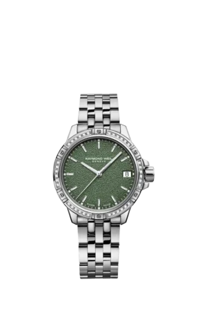Raymond Weil Women's Tango 30 Frosted Diamonds Date Bracelet Strap Watch, Silver/Green