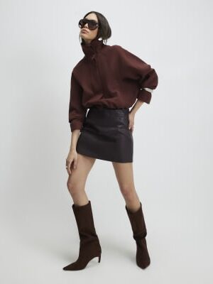 Red Faux Leather Pocket Detail Mini Skirt