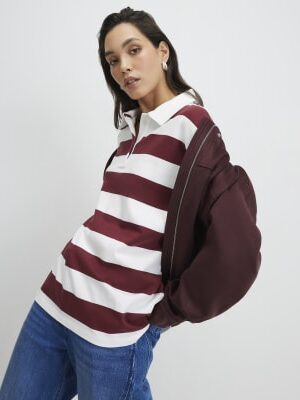Red Long Sleeve Striped Rugby Top