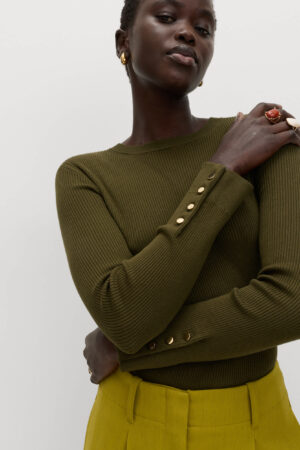 Ribbed Crew Neck Button Detail Jumper