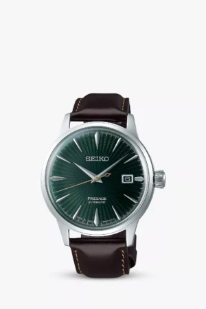 Seiko SRPD37J1 Men's Presage Automatic Date Leather Strap Watch, Black/Green