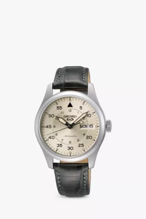 Seiko SRPJ87K1 Men's 5 Field X Flieger Suits Day Date Automatic Leather Strap Watch, Grey/Gold