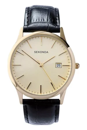 Sekonda 3697.27 Men's Date Leather Strap Watch, Black/Cream