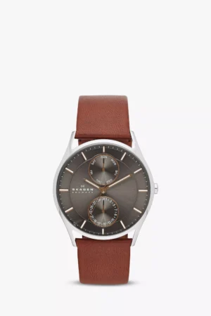 Skagen SKW6086 Men's Holst Single Chronograph Leather Strap Watch, Brown/Grey