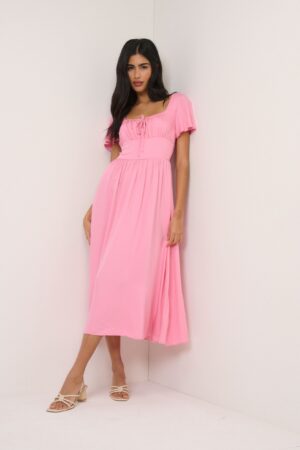 Square Neck Tie Front Midi Skater Dress