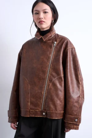 Topshop Oversized Faux Leather Biker Jacket, Brown
