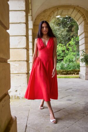 V-Neck Midi Waisted Dress with Linen