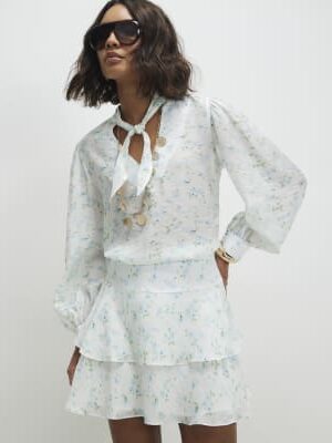 White Floral Pussybow Blouse