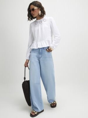 White Long Sleeve Floral Broderie Top