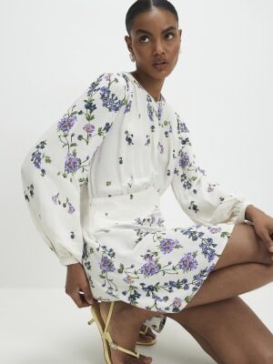 White Long Sleeve Floral Mini Dress