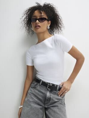 White Short Sleeve Cotton Boat Neck Top