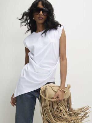 White Sleeveless Twist Front Shoulder Pad Top