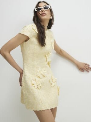 Yellow 3D Flower Boucle Mini Dress