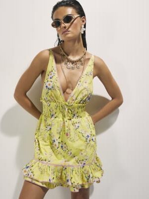 Yellow Daisy Floral Print Mini Beach Dress