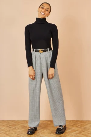 Yumi Check Wide Leg Trousers, Black